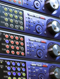 a stack of audio editing and mixing control modules