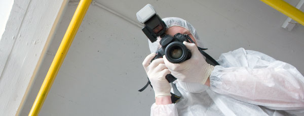 A crime scene photographer leaning over evidence