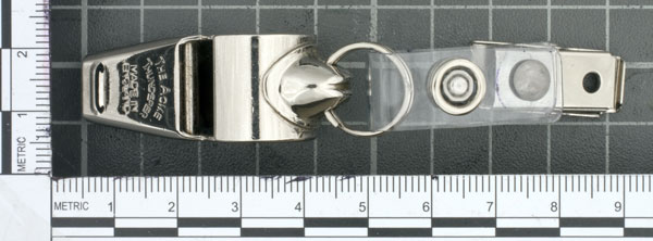 a view of a whistle from directly above with 2 scales placed at right angles to the item of evidence