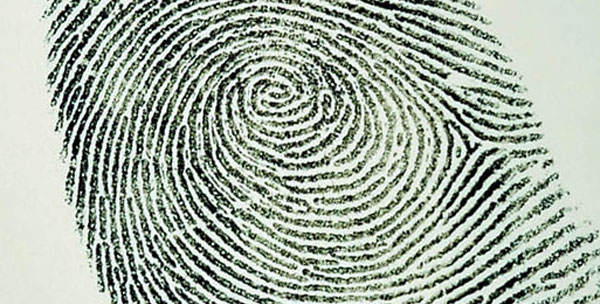 Close up view of a black fingerprint on light surface